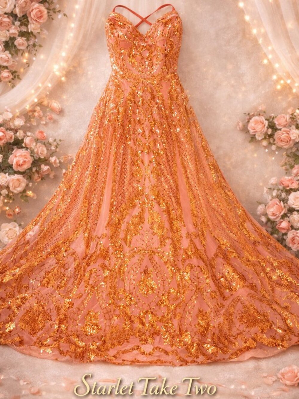 Princess Coral Gold Sequin Ball Gown Formal Dress Size 8